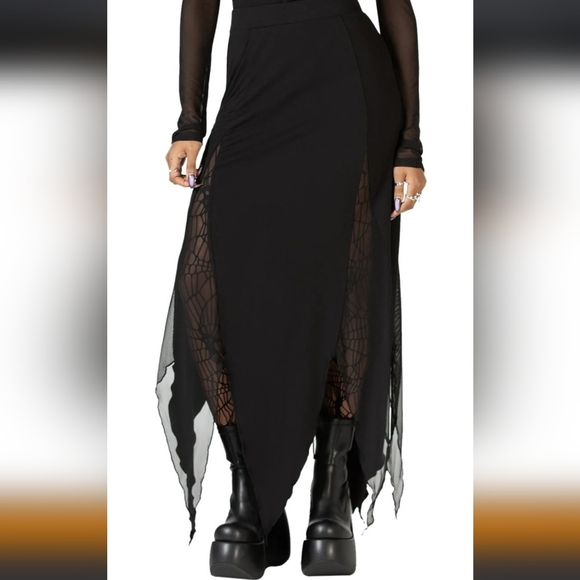 Killstar Dresses & Skirts - Killstar Black Mesh Paneled Pointed-Hem Maxi Skirt